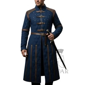 Mittelalter Kostüm lang Gambeson dunkelblau mit braunem Lederbesatz für Ren Faire - Bild 1 von 12