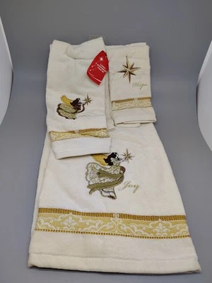 New* JCP HOME 3 Piece Embroidered Towel Set Cream Gold  Angel Peace Hope Joy  - Изображение 1 из 4