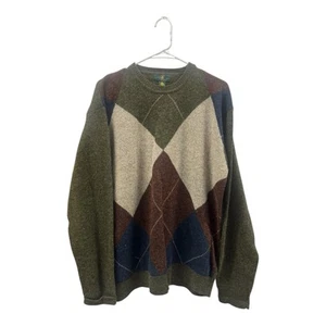 Vintage Club Room Lambswool Sweater Men's M Argyle Crewneck Wool Jumper Olive - Picture 1 of 3