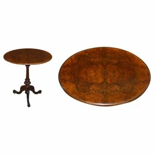 VICTORIAN BURR QUARTER CUT WALNUT OVAL SIDE END LAMP TRIPOD TABLE ORNATELY CARVE - Picture 1 of 12