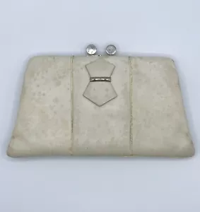 1920s 1930s White Leather Clutch Purse Evening Handbag w/ Silver Accent Art Deco - Picture 1 of 11
