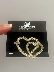 Vtg Swarovski Double Heart Brooch Pin Pave Crystals Gold Tone Rhinestones NOS - Picture 1 of 6