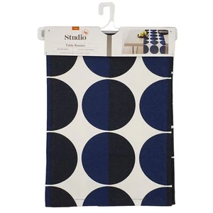 Bed Bath & Beyond Table Runner 100% Cotton Circle Design Blue/Black 14”x72” NEW - Picture 1 of 12