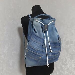  Handmade Denim drawstring backpack for college, Jean urban backpack for travel