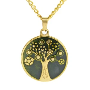 Stainless Steel Gold Plated Wishing Tree Green Enamel Round Pendant & Necklace - Picture 1 of 3