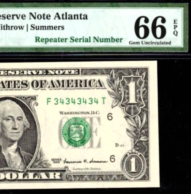 1999 $1 Federal Reserve Note PMG 66EPQ birthday fancy super repeater 34343434 - Image 1 of 3