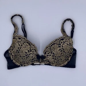 Vintage Fredericks of Hollywood Bra Size 34 B Black and Tan Floral Design - Picture 1 of 8
