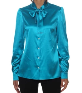 Dolce & Gabbana Women Top 46 IT 10 US Blue Silk Satin Secretary Self Tie Classic - Picture 1 of 18