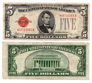 US $5.00 Legal Tender Note (Red Seal) 1928E - Circulated - Picture 1 of 1
