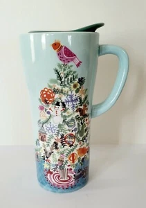 Tazza da viaggio natalizia ceramica albero teal guarnizione coperchio nuova 7,5" caffettiera - Foto 1 di 10