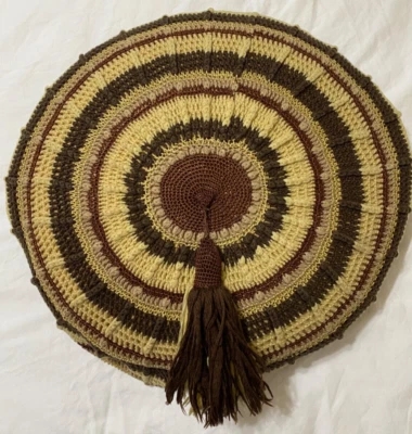 Crocheted Throw Pillow MCM Browns Beige Vtg 70s Look Round Meditation - Image 1 of 4