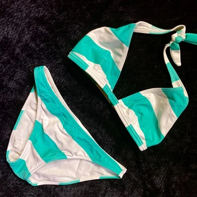 Conjunto de bikini halter vintage años 90 Y2K 2 piezas azul verde azulado blanco rayas S/M Foto 1 de 4