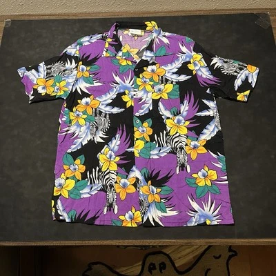 Zebra Hawaiian Shirt Vintage 1970s Islander Rayon 60s Hibiscus Floral Aloha Camp - Image 1 of 4