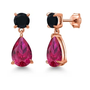 18K Rose Gold Plated Silver Created Ruby and Onyx Teardrop Dangle Drop Earrings - Picture 1 of 4
