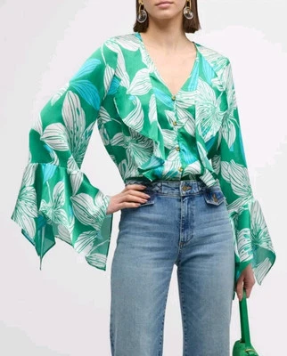 NWT Ramy Brook Savanna Floral Long-Sleeve Blouse Sea Green Lily Print Sz XS $365 - Image 1 of 4