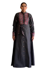 Modest women's denim long abaya jacket, embroidered elegant muslim dress - Picture 1 of 8