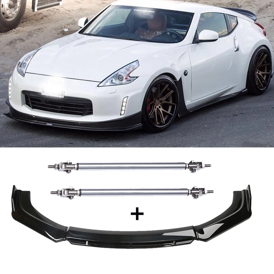 Gloss Black Car Front Bumper Lip Spoiler Splitter +Strut Rods For Nissan GT-R US - Image 1 of 4