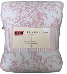 LAURA ASHLEY Bedford Pink /White Floral Toile Cotton Full/Queen Comforter Set - Picture 1 of 7
