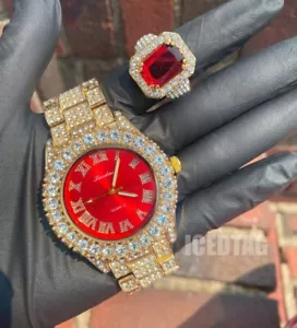 OROLOGIO BLING DA UOMO HIP HOP ICED LUSSO ORO PT LAB DIAMANTE QUADRANTE ROSSO & SET ANELLO RUBINO - Foto 1 di 26