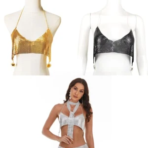 Sleeveless Tassels Sparkle Sequins Cami Crop Top Spaghetti Strap Party Tops - Picture 1 of 11