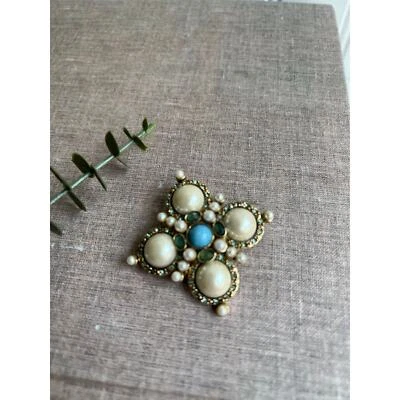 复古莫奈金色人造珍珠人造绿松石绿色金属十字胸针 — 第 1/4 张图片