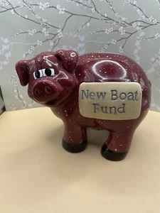Ceramic Pig Coin Bank *New Boat Fund* Speckled Burgundy Novelty Figurine Cork - Picture 1 of 9