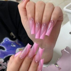 Glossy Pink with Rhinestones Artificial Long Coffin Fake Nails Press On Nail Tip