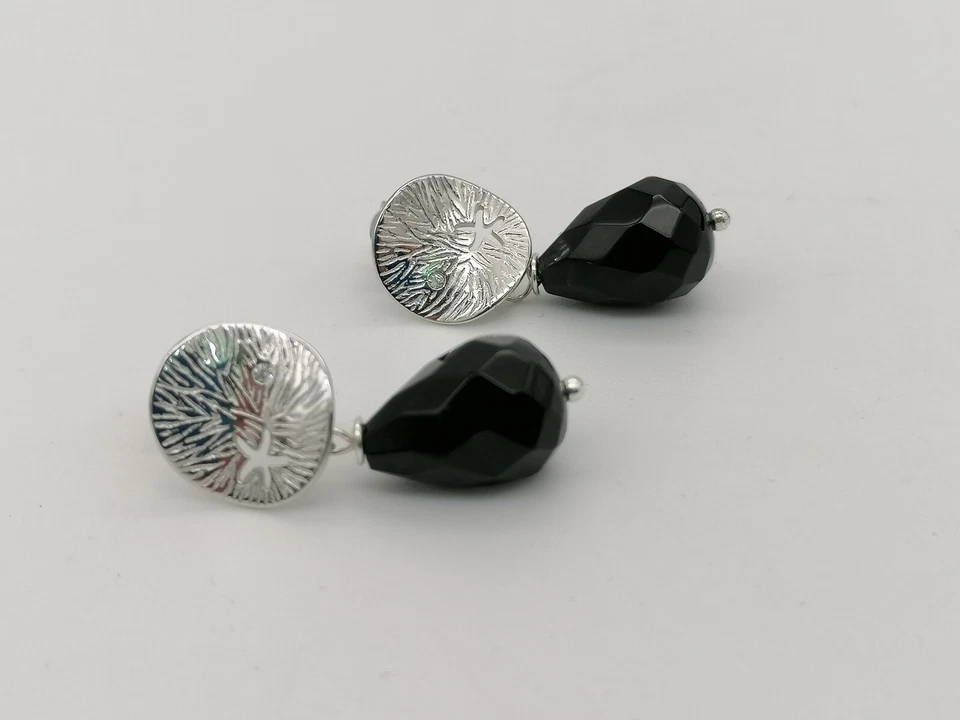 orecchini donna pendenti goccia onice nero argento bianco 925 eleganti - Immagine 1 di 4