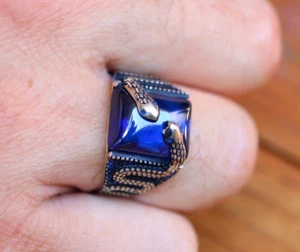Sterling Silver 925 Lab Created Sapphire Snake Mens Ring - Picture 1 of 7