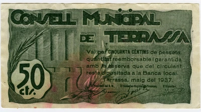 # SPAIN CIVIL WAR 1937 • TERRASSA 50cts MUNICIPAL ☆ GUERRA CIVIL ESPAÑOLA ☆D1715 - Image 1 of 2