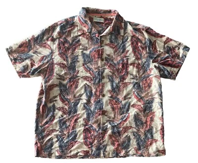 Camisa havaiana caribenha mistura de seda - Masculina tamanho grande * - Branco vermelho folhas azuis - Imagem 1 de 4