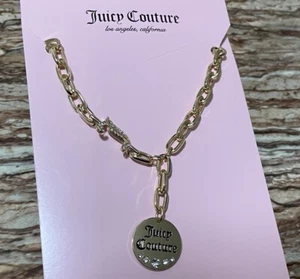 Juicy Couture Jewelry Gold Necklace Logo Engraved Crystal Disc Pendant Necklace - Picture 1 of 8