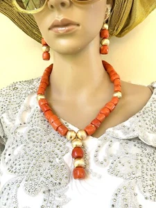 Coral Necklace Bracelet And Earrings Set, African Coral Jewelry Set, Coral - Picture 1 of 5