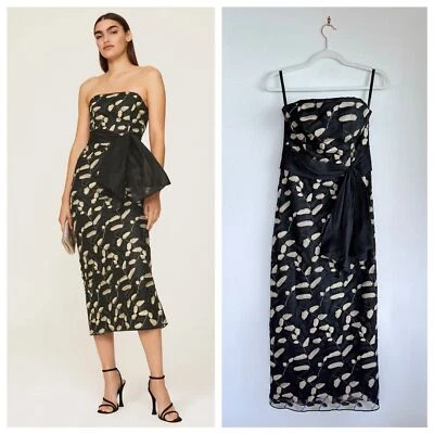 Shoshanna Midnight Valerie Strapless Embroidered Leaf Design Dress in Black Gold - Image 1 of 4