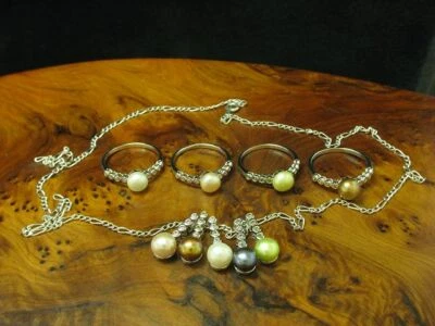 925 Argento Sterling Set Gioielli/Perla Finta & Zirconia/Ringe, Catena + Trailer - Immagine 1 di 4