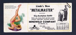 Vintage 1949 Earl Moran Pinup Girl Blotter Ad sign card Mineweld Co Indiana Ohio