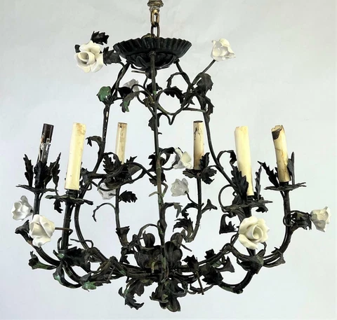 Antique French Provincial Louis XV Tole Porcelain Flowers Shabby Chic Chandelier Cover