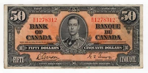 Bank of Canada 1937 $50 Fifty Dollars Gordon-Towers B/H Prefix VF King George VI - Picture 1 of 2