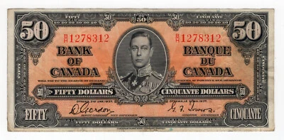 Bank of Canada 1937 $50 Fifty Dollars Gordon-Towers B/H Prefix VF King George VI - Image 1 of 2