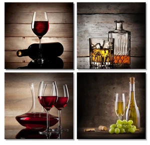 Wieco Art Red Wine Modern Canvas Wall Prints Artwork Wall decoration 4 Pieces - Picture 1 of 9