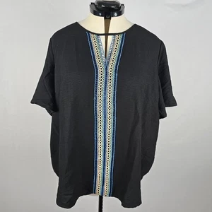 Bloomchic Blouse Women's 1X Black Plain Contrast Tape Keyhole Neck Ruffle NWT - Picture 1 of 13