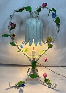 Vintage Italienische Toleware Tulpe Tischlampe Herz Gestell Tole Floral - Bild 1 von 24