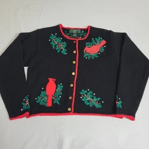 Vtg 90s Orvis Black Cardinal Embroidered Christmas Holiday Cardigan Sweater Sz S - Picture 1 of 11