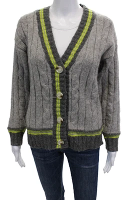 Cárdigan suéter gris verde pequeño Line + Dot para mujer con botones delanteros a rayas Foto 1 de 4