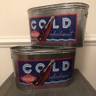 Set 2 Coca-Cola Oblong Galvanized Metal Painted Ice Bucket Tub Tote 16” x 9.75