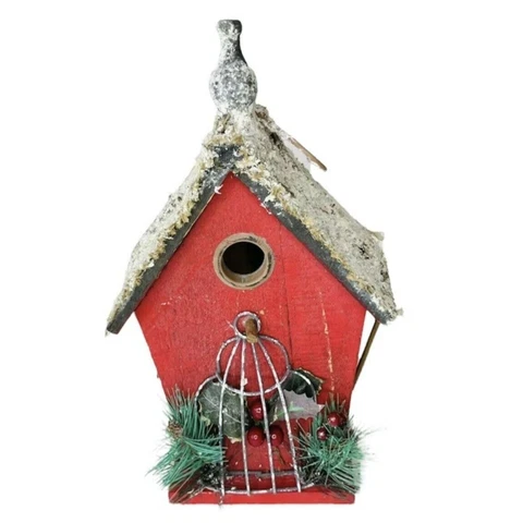 Bird House Handmade Wood Flocked Roof Red Vintage Christmas Décor 15" x 8.5" Cover