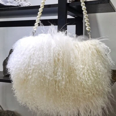 Women's Real Genuine Lamb Fur Handbag Mongolian Fur Bag Long Wool Fur Tote Bag - Image 1 of 4