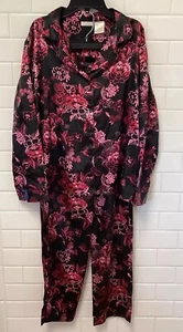 Wms Poly Satin Pajama Set Black Pink Floral Secret Treasures Sz 7/8 S SM 2pc Set - Picture 1 of 11
