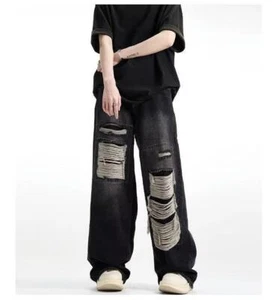 New men's casual loose solid color low waist straight leg wide leg ripped jeans - Picture 1 of 9