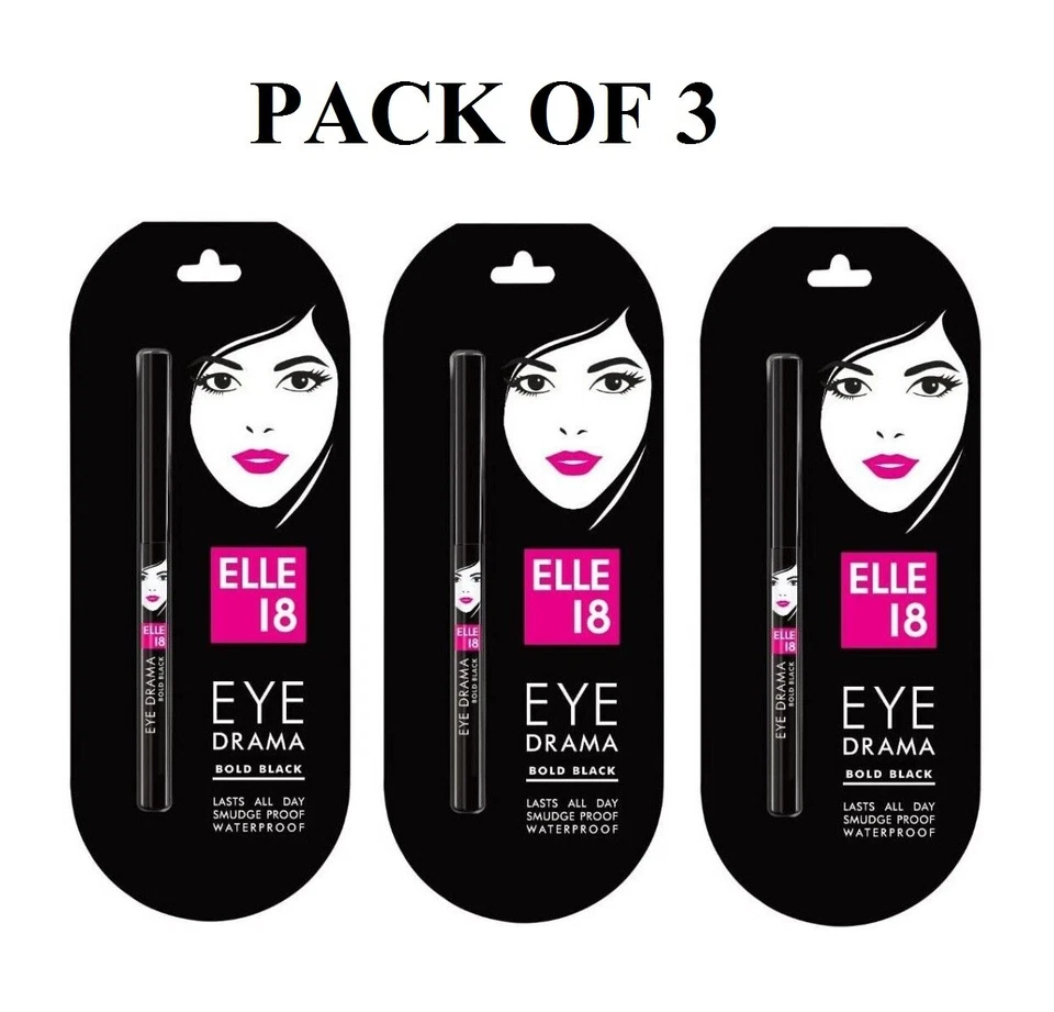 3 X Elle 18 Eye Drama Kajal, Super Black, Smudgeproof & Waterproof, 0.35 gm - image 1 of 4